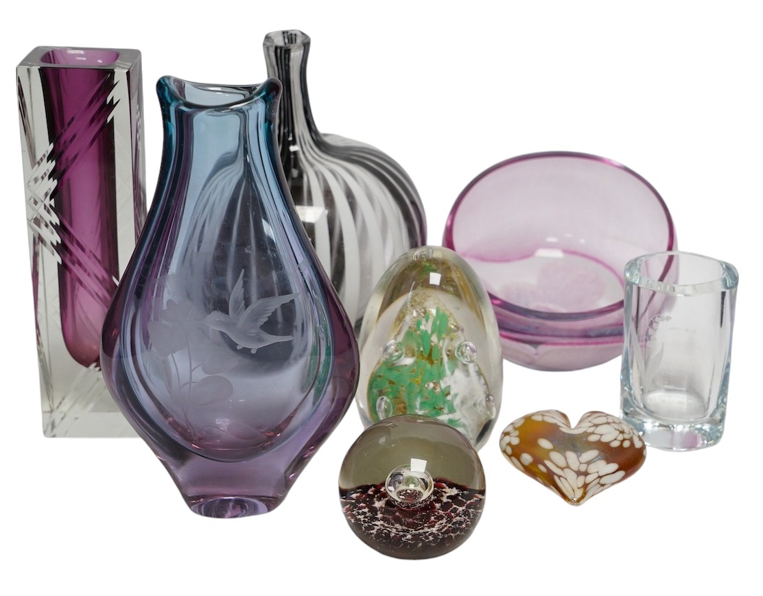 A group of ornamental coloured glass vases and paperweights including Murano, largest 22cm high (8). Condition - good